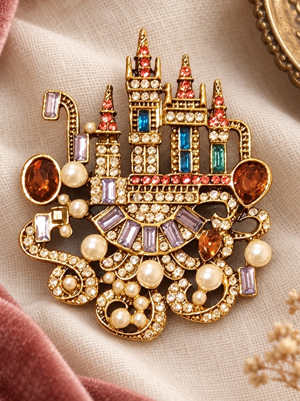 Vintage-Inspired Gold and Pearl Castle Brooch Pin Whimsical Statement